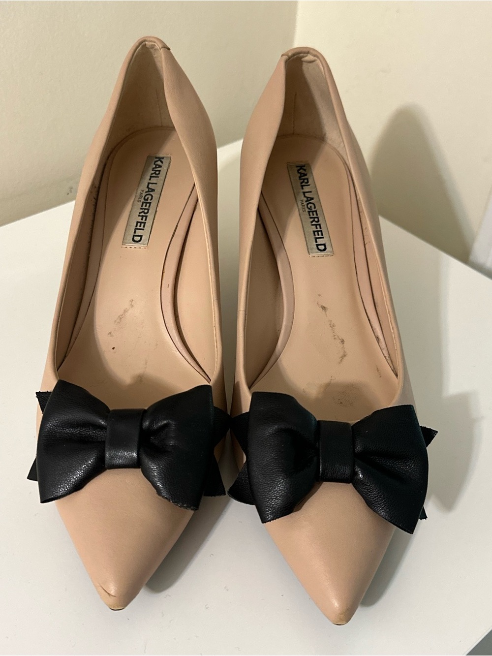Karl Lagerfeld Nude Pointed Heels with Black Bow *Some Imperfections*